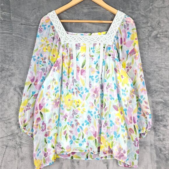 LC Lauren Conrad Tops - Womens Top XL‎ Boho Floral Pastel Sheer Crochet Lace Fairy Feminine Cottagecore